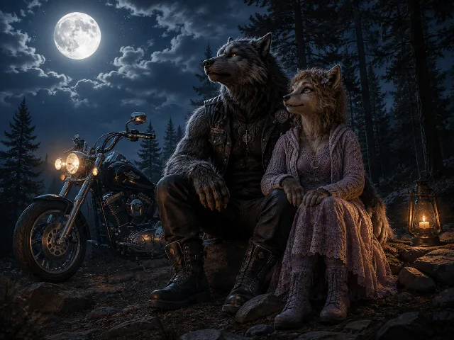 two werewolves sitting in a log watching a full moon